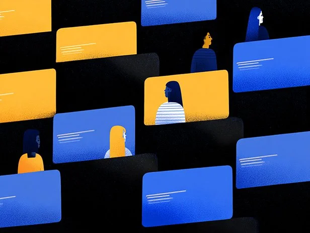 Illustration of people shown inside and among layered record cards, representing how public systems store and act on personal data.