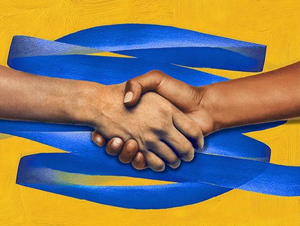 Two people shaking hands against a vibrant yellow background, with blue painted strokes swirling around their hands to symbolize connection.