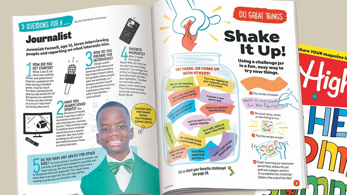 Magazine spread featuring a young boy highlighted as a “journalist,” with interview-style questions and responses showcasing his interests and experiences.