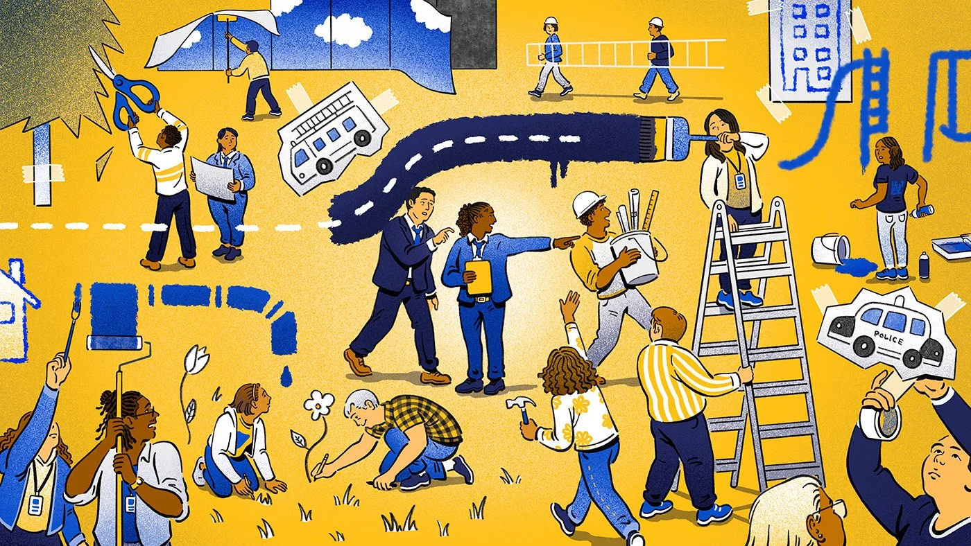 At the center of a busy community scene, a local government manager holds a clipboard and directs personnel as people plant, build, and make improvements, many looking to the manager for guidance.