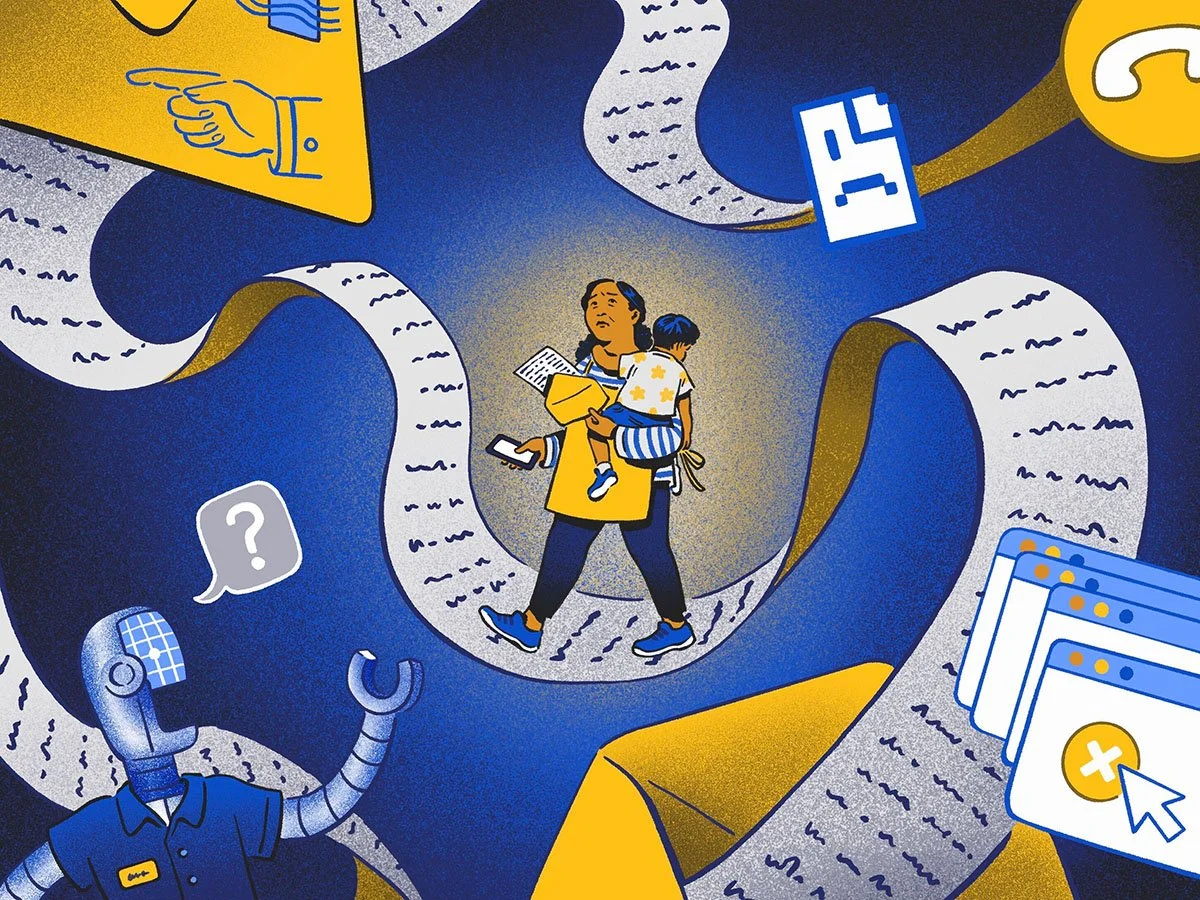 A woman holding paperwork from the mail, her phone, and a young child walks on a path of paperwork, navigating complexity brought to life with error, bot, call, mail, and sad document icons. The look on her face is overwhelm.
