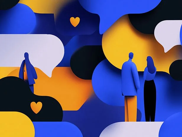 Care and discussion illustrated into an abstract illustration featuring a medical caregiver, and a couple of civilians