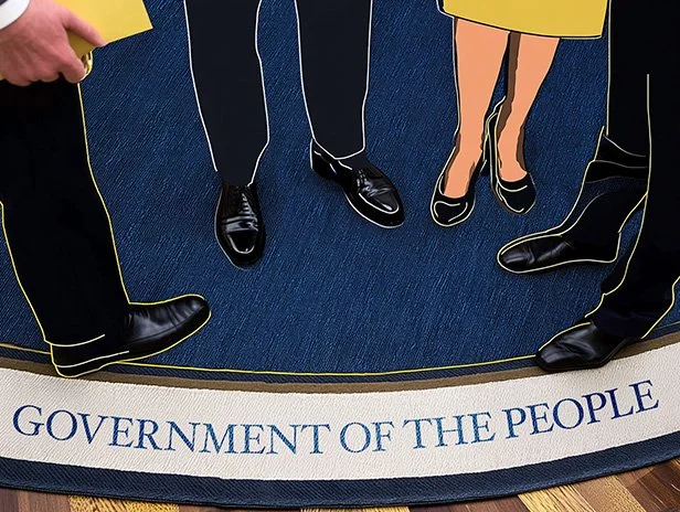 Collage-style image showing the lower legs and shoes of several people standing together on a rug reading “Government of the People,” emphasizing shared civic responsibility and institutional stewardship rather than any single individual.