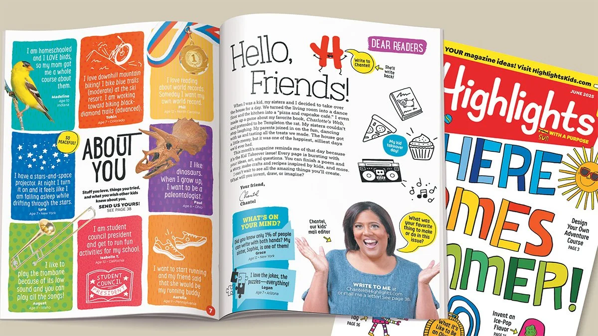Open spread from Highlights magazine featuring a “Hello, Friends” letter from the editor, reader-submitted content, and a table of contents page.