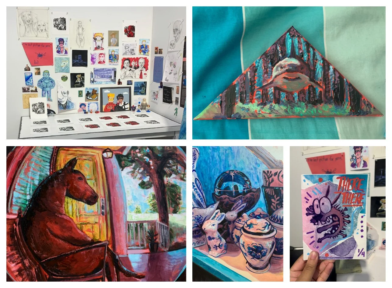 A collage of acrylic paintings, studio sketches, and a small illustrated booklet, showing work from Alyssa’s fine arts practice.