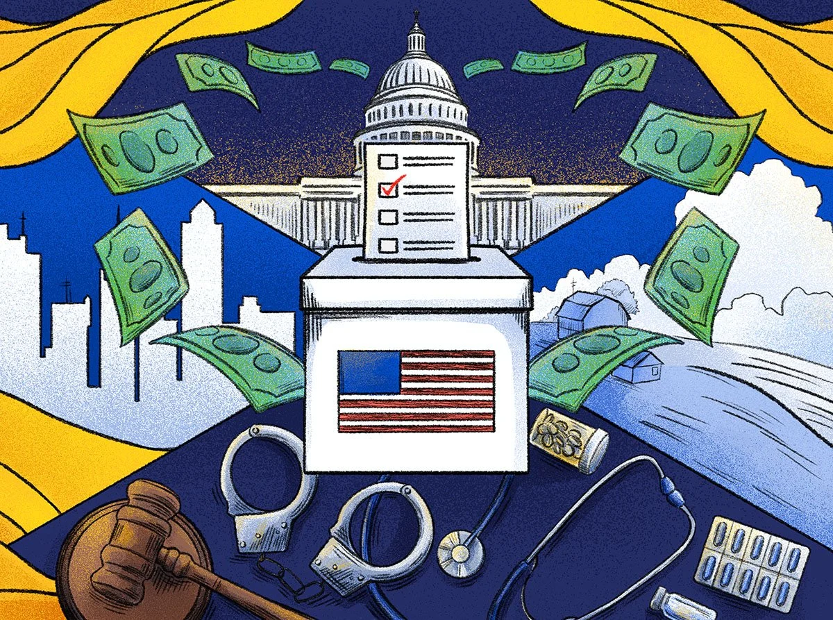 Second panel in a three-part illustration about voting in America. A ballot box and government building are surrounded by ballots and imagery representing contemporary public issues and civic decision-making.