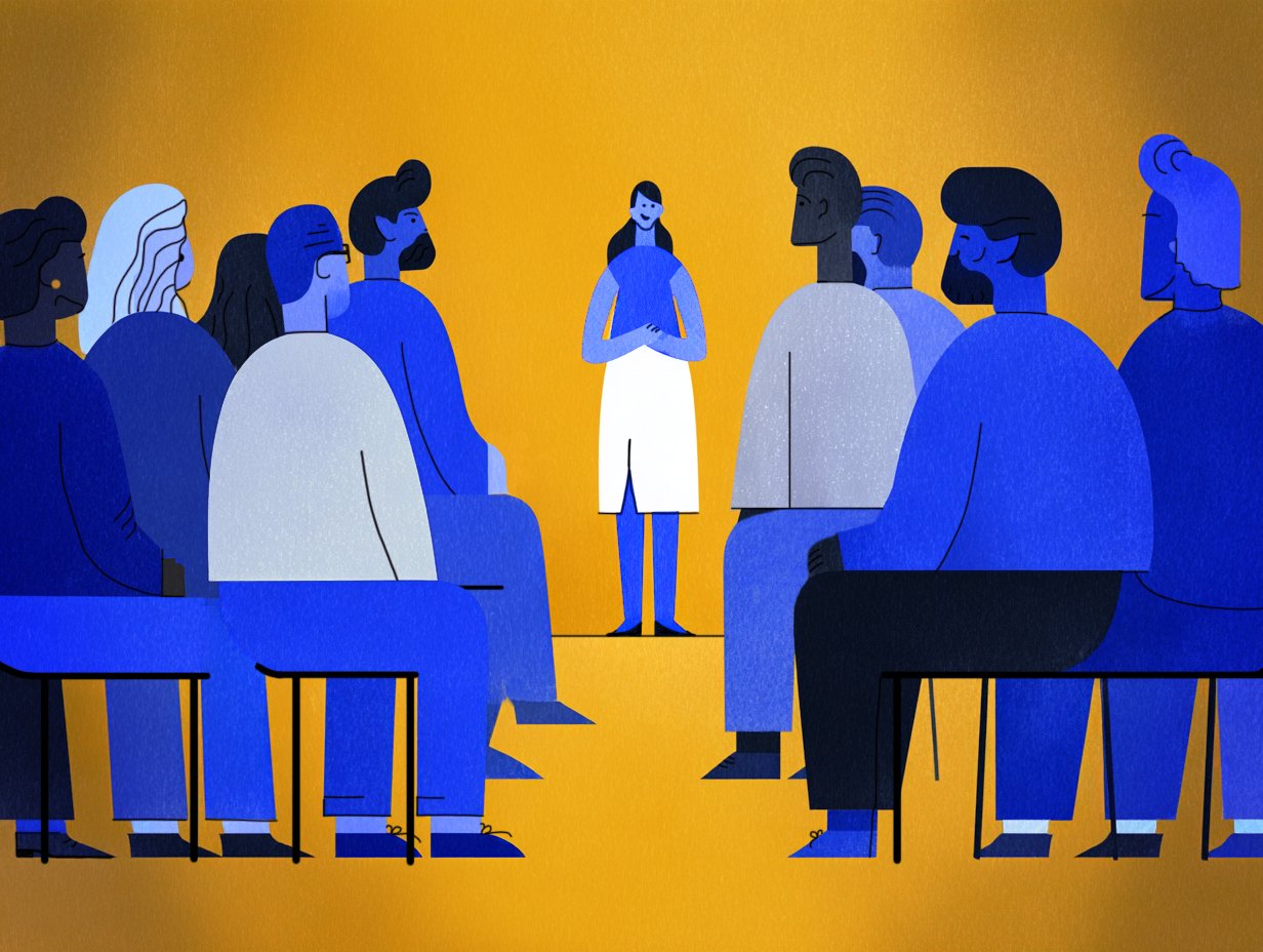 A person stands centered between two seated groups facing inward, suggesting a moment of balance and shared attention across different perspectives.