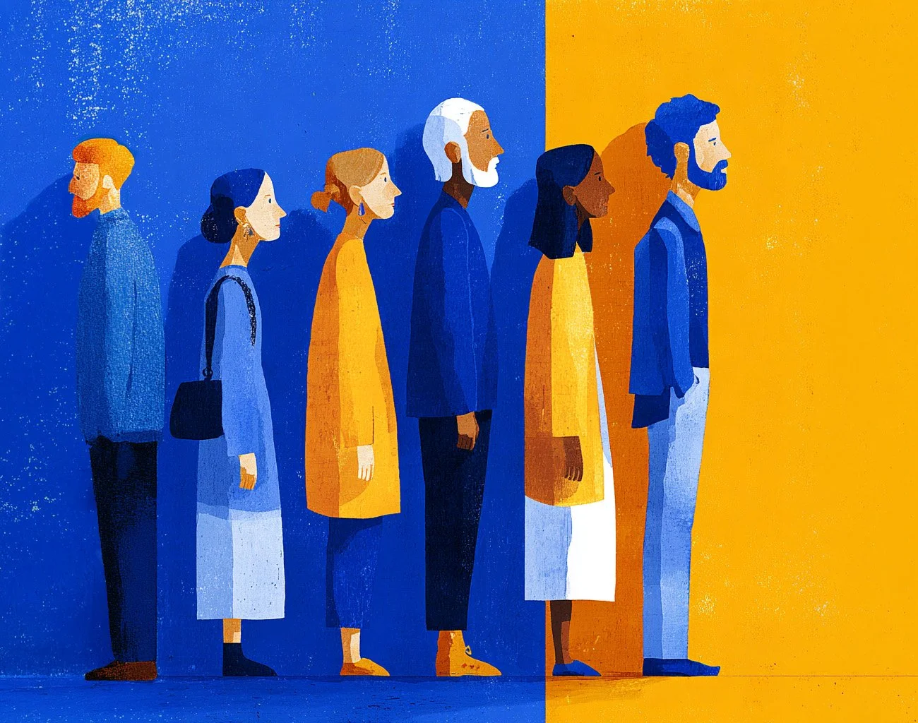 Illustrated group of people standing in profile against contrasting blue and yellow backgrounds, symbolizing organizational alignment, transition, and differing perspectives within shared institutions.