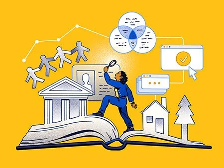 Illustration of a person using a magnifying glass to explore civic concepts and terms emerging from an open book, including a government building, community, data, public records, collaboration, digital services, housing, and the natural environment.