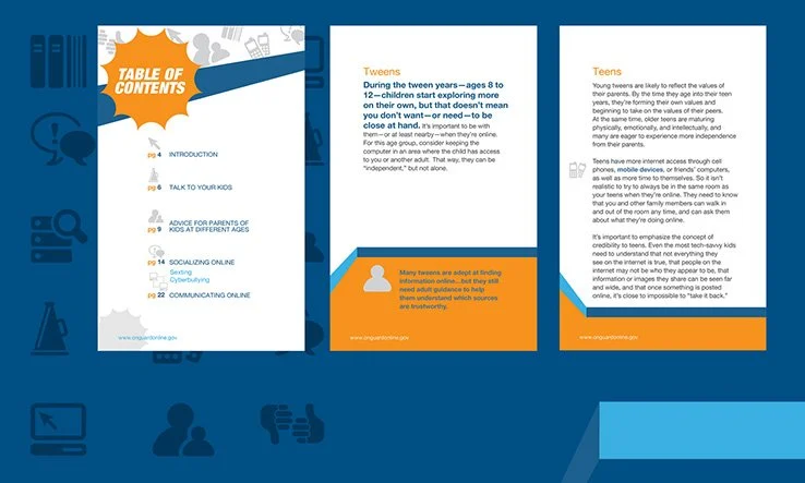 Three-page layout from the FTC’s Net Cetera guide, including sections for tweens and teens with guidance on online behavior and communication for young people and caregivers.