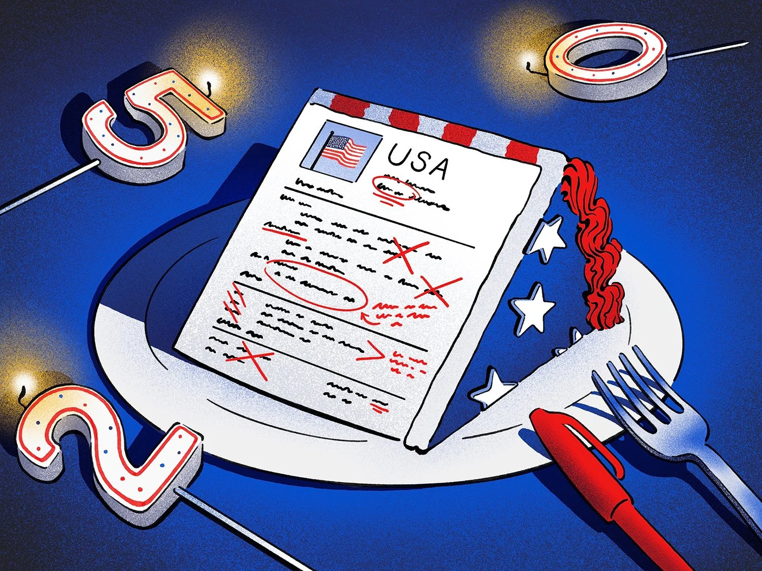 Illustration of a marked-up performance review labeled "USA" on a dinner plate, surrounded by lit 250-shaped candles, symbolizing a review of the United States at its 250th anniversary.