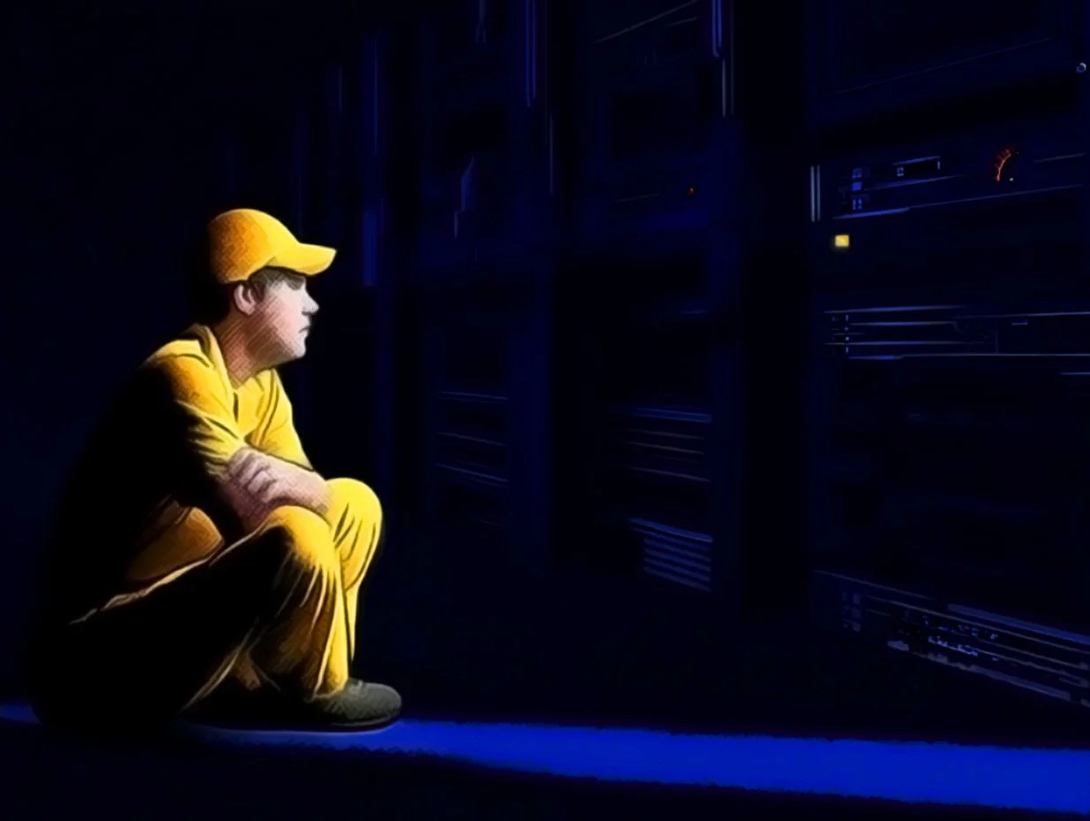 A person in yellow sits on the floor facing dimly lit server racks, watching a single light in an otherwise dark system.