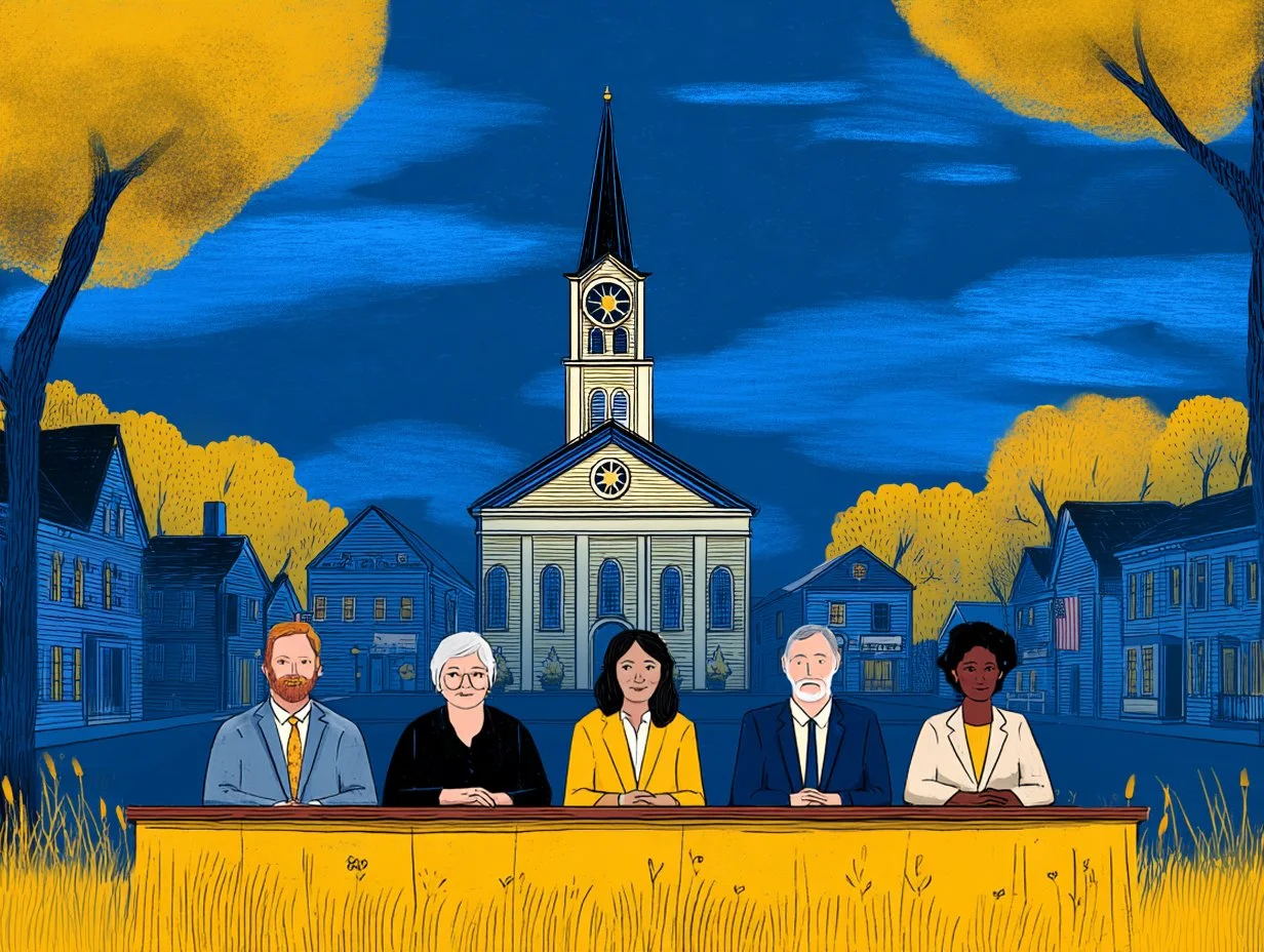 Illustration of five city or town council members seated at a long table in front of a civic building, with a small-town streetscape in the background.