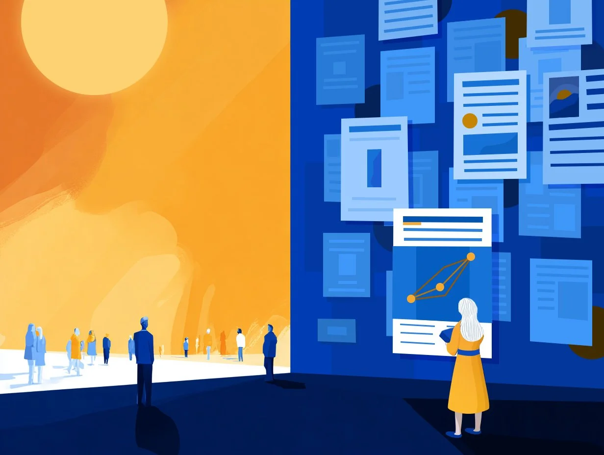 Illustration of people navigating a public space beside layered institutional documents and data visualizations, representing public understanding and institutional complexity.