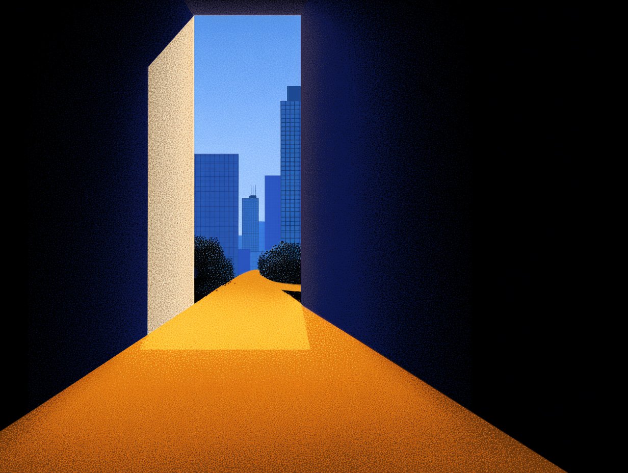 Conceptual illustration for accessibility in government and public services, showing an open pathway leading toward a city skyline and representing access, participation, and inclusive systems.