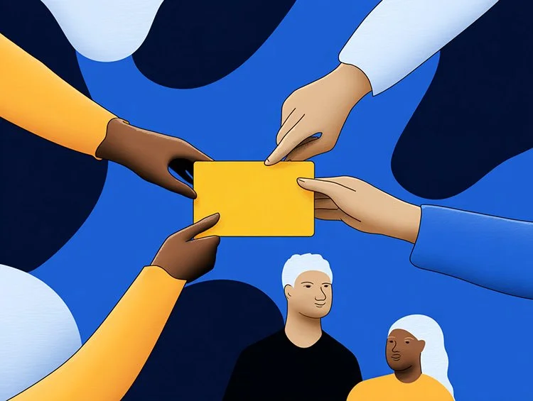 Illustration of four diverse hands holding a yellow card together, with two people observing below, symbolizing shared responsibility and collaboration.