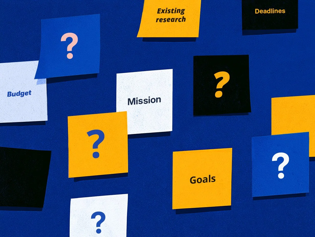 Illustrated notes show known project details, including mission, goals, budget, deadlines, and existing research, alongside notes with question marks.