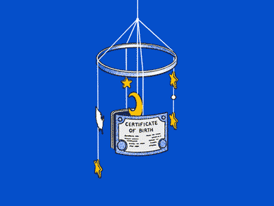 An animation of a baby mobile spinning around slowly. On it, a birth certificate, stars, moon, passport, and United States map.