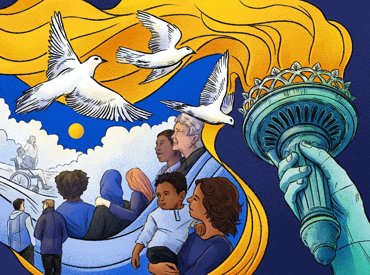 Third panel in a three-part illustration about voting in America. People gather in a community landscape alongside birds, trees, and imagery of nature, representing the shared future shaped by decisions made today.