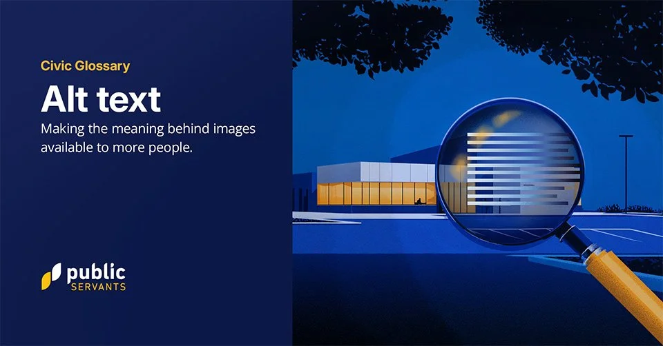 A community center at dusk is viewed through a magnifying glass. Inside the lens, translucent horizontal lines overlay the building while the image remains visible beneath.