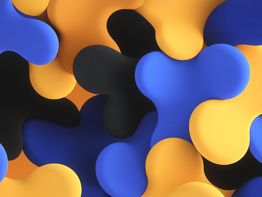 An abstract illustration of interconnected blues, yellow, and black organic shapes flowing together across the frame.