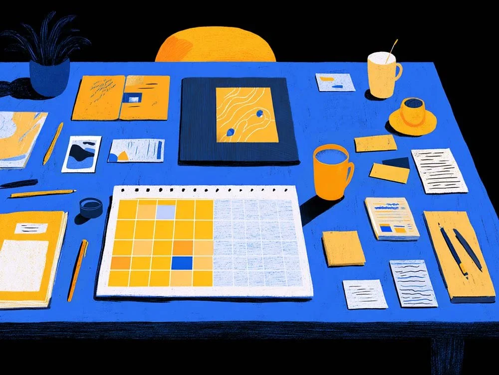 An organized workspace with a central planning grid surrounded by documents, notes, and tools—illustrating how communication systems bring structure and coordination to complex work.