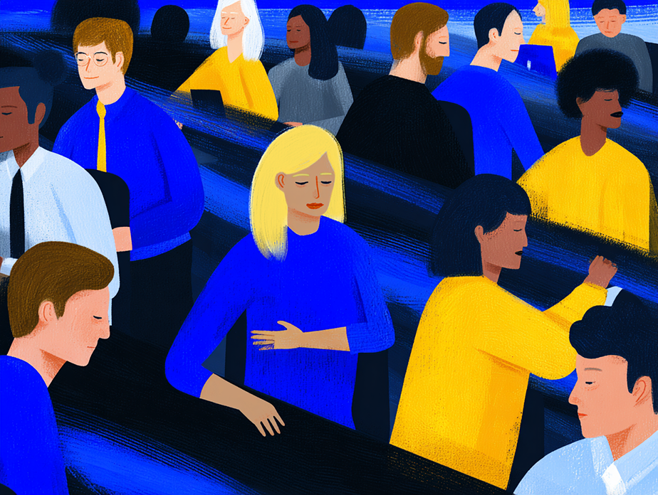 A stylized illustration of a diverse group of people working at long shared tables, each focused inward on their own task. One woman in the foreground rests a hand on her chest, looking reflective amid the busy environment.