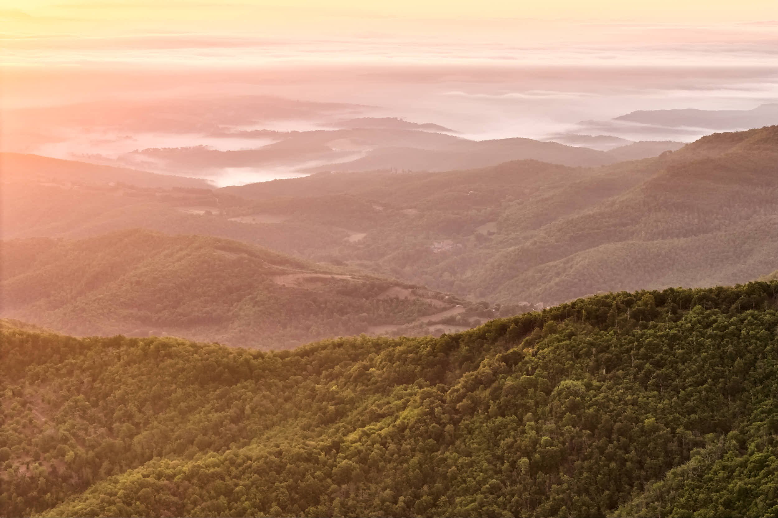 Berglandschaft bei Sonnenaufgang mit Sonnenstrahlen, bewaldete Hügel und Wolken im Hintergrund