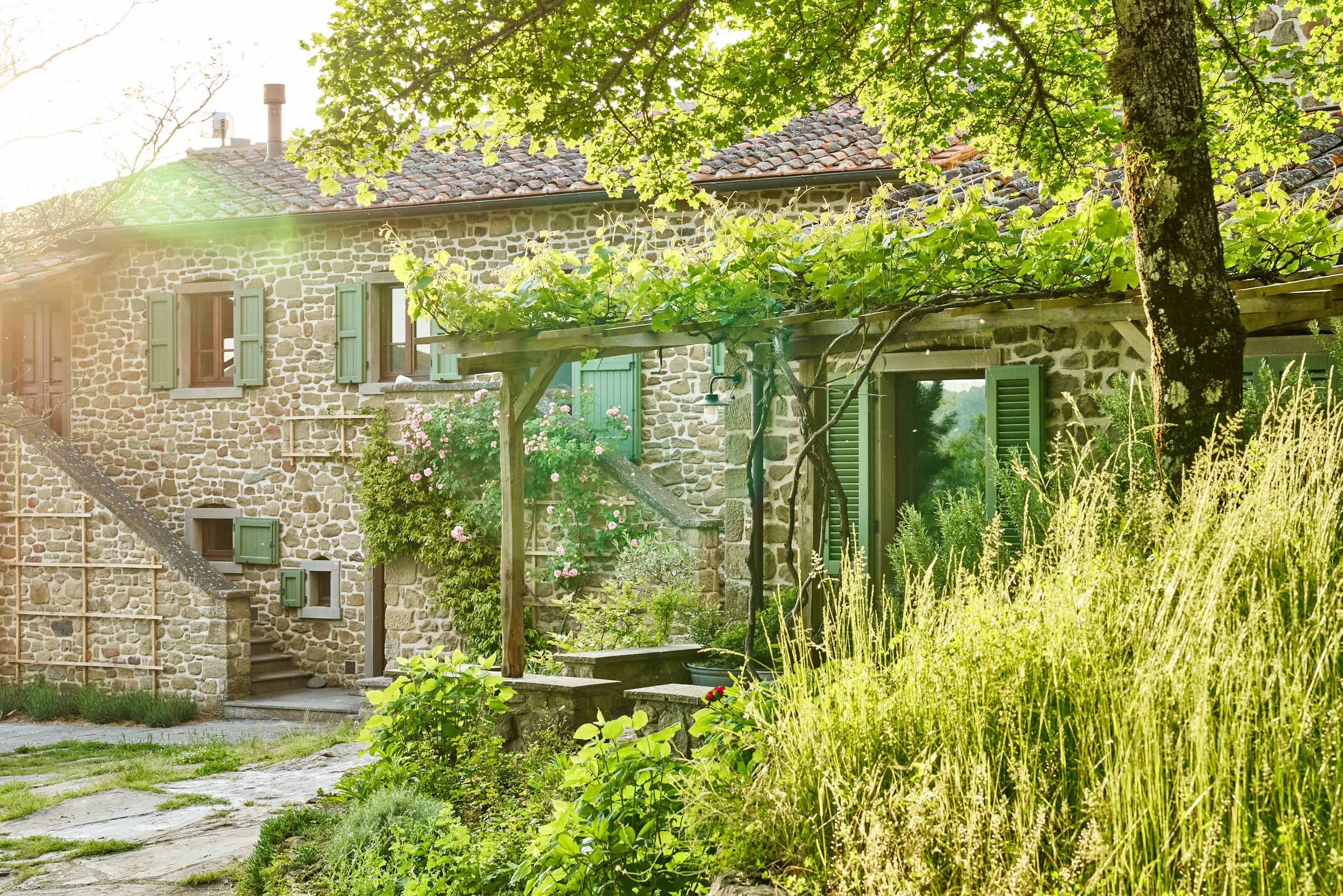 Ein steinernes Haus mit grünen Fensterläden, umgeben von Pflanzen, Bäumen und einem Garten. Es gibt eine kleine Treppe und einen überdachten Bereich mit Kletterpflanzen.