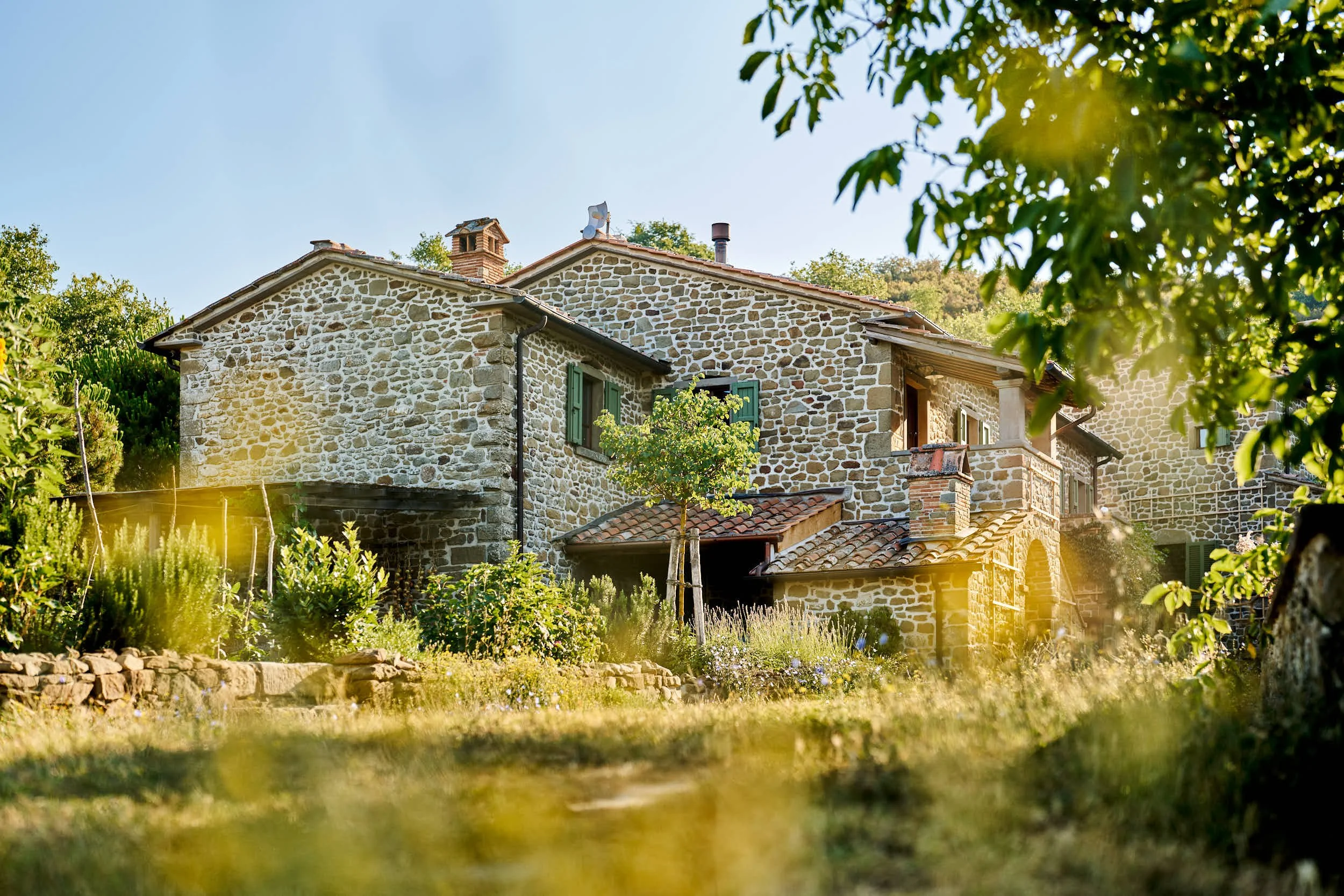 Ein Haus aus Stein mit grünen Fensterläden, umgeben von einem Garten mit Pflanzen und Bäumen, bei Sonnenuntergang.