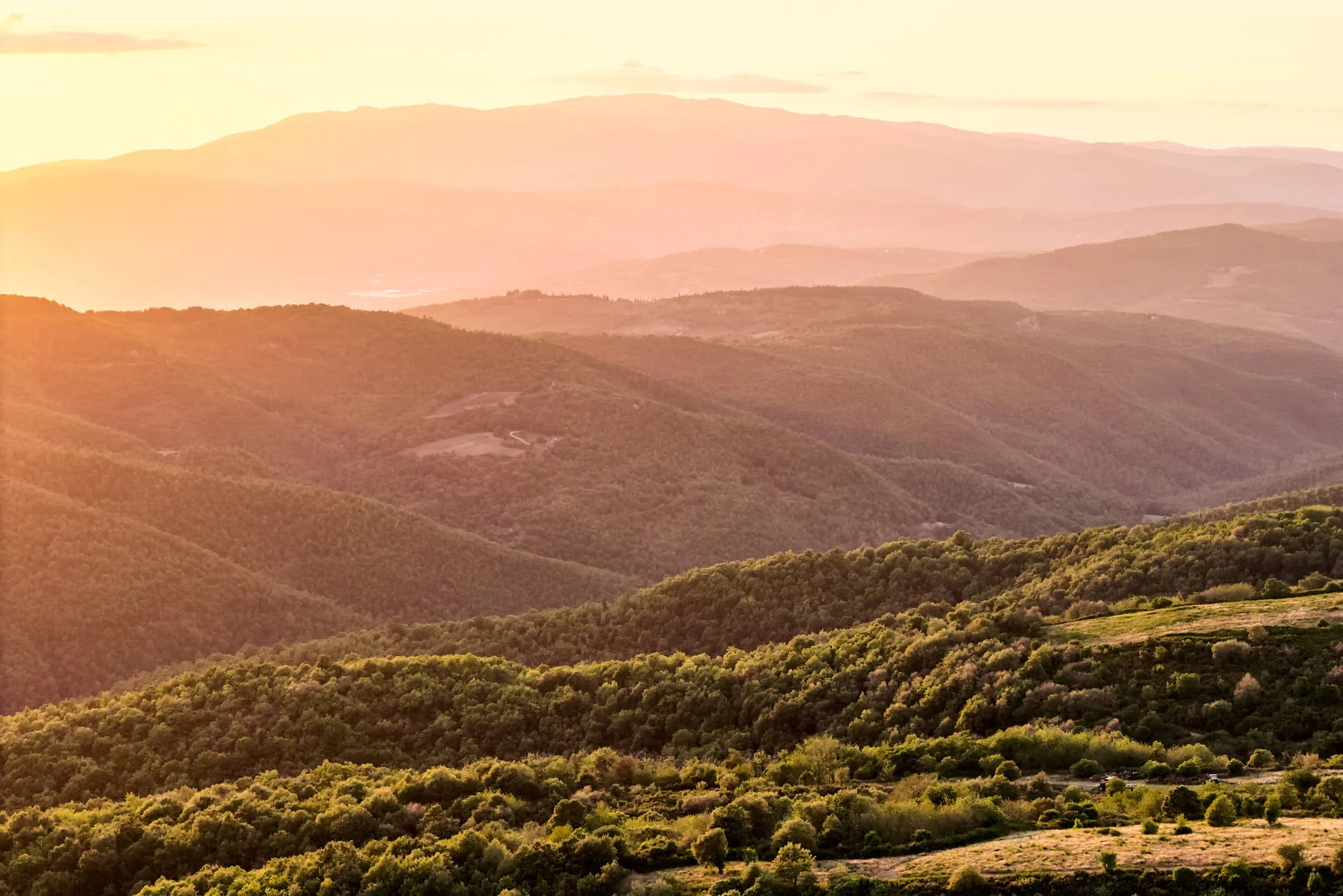 Landschaft mit Hügeln und Wäldern bei Sonnenuntergang