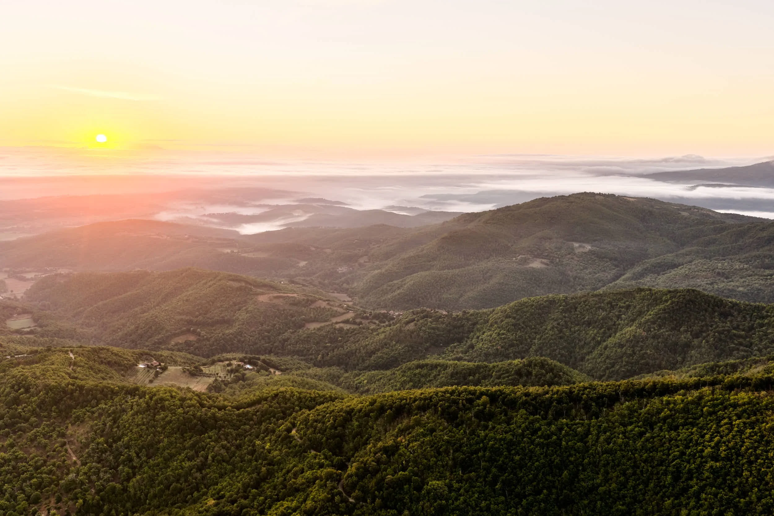 Sonnenaufgang über grünen Hügeln mit Wolken im Hintergrund.