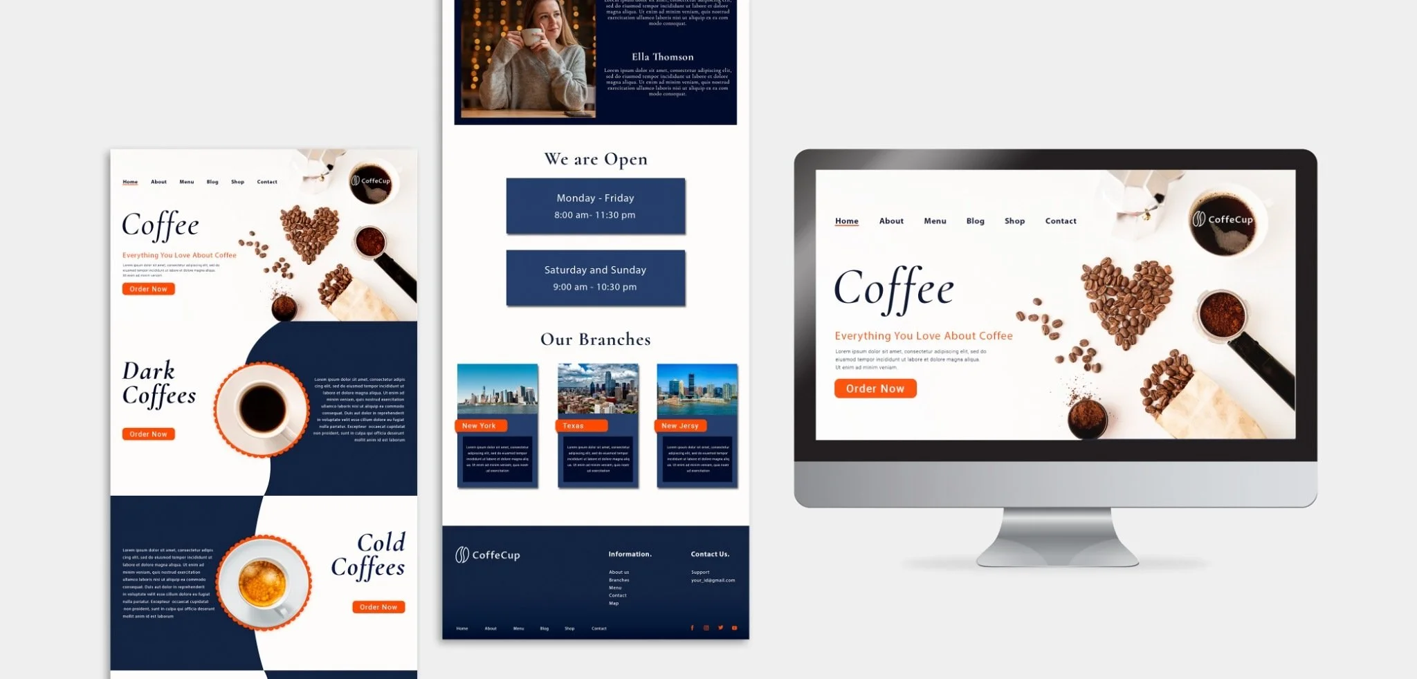 A website design displayed on multiple screens showcasing a coffee shop. The homepage features a white background with images of coffee beans and cups, along with menu options and sections about branches and opening hours.