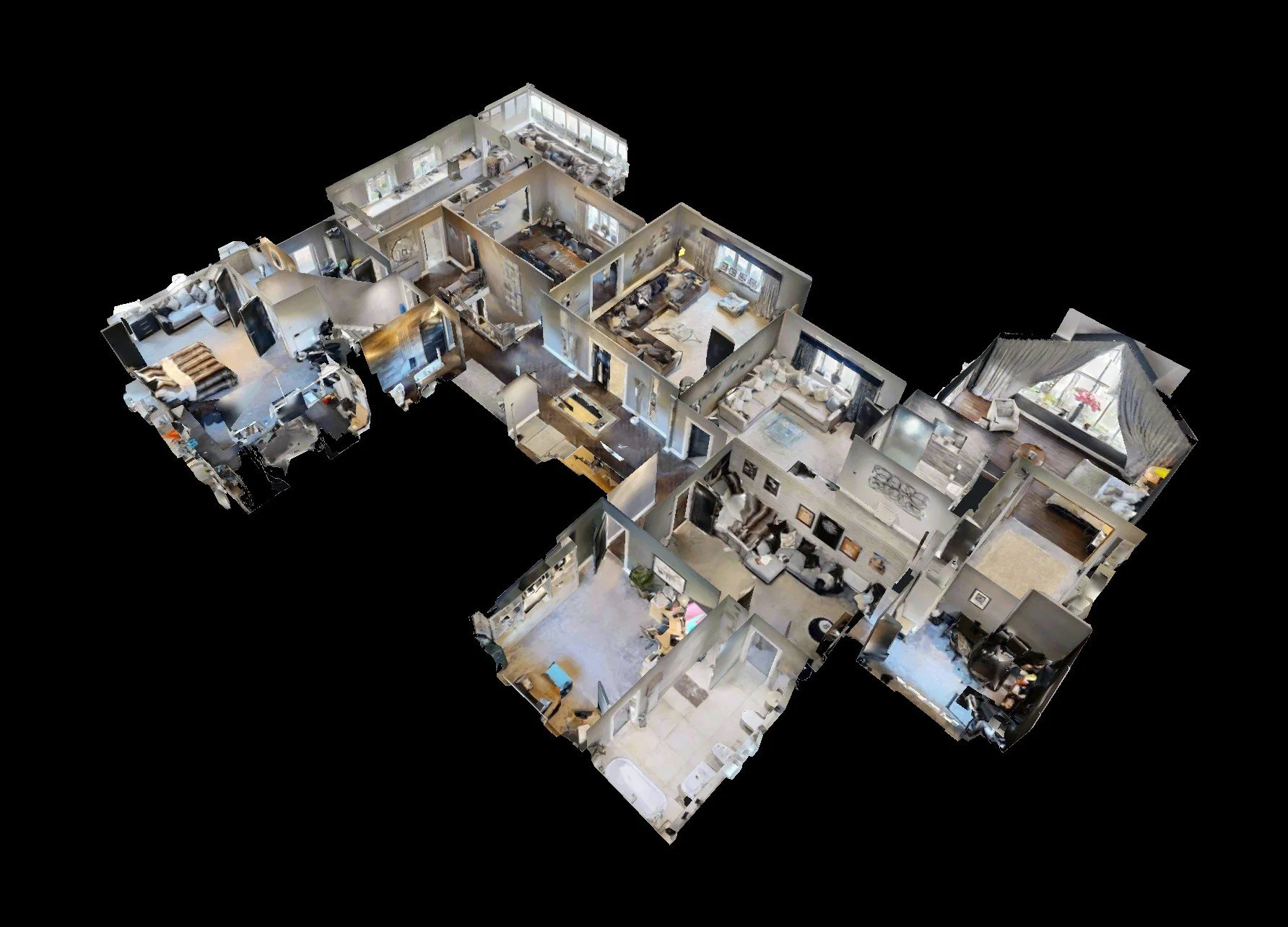 3D walkthrough of a spacious house with multiple bedrooms, bathrooms, living areas, and a kitchen.