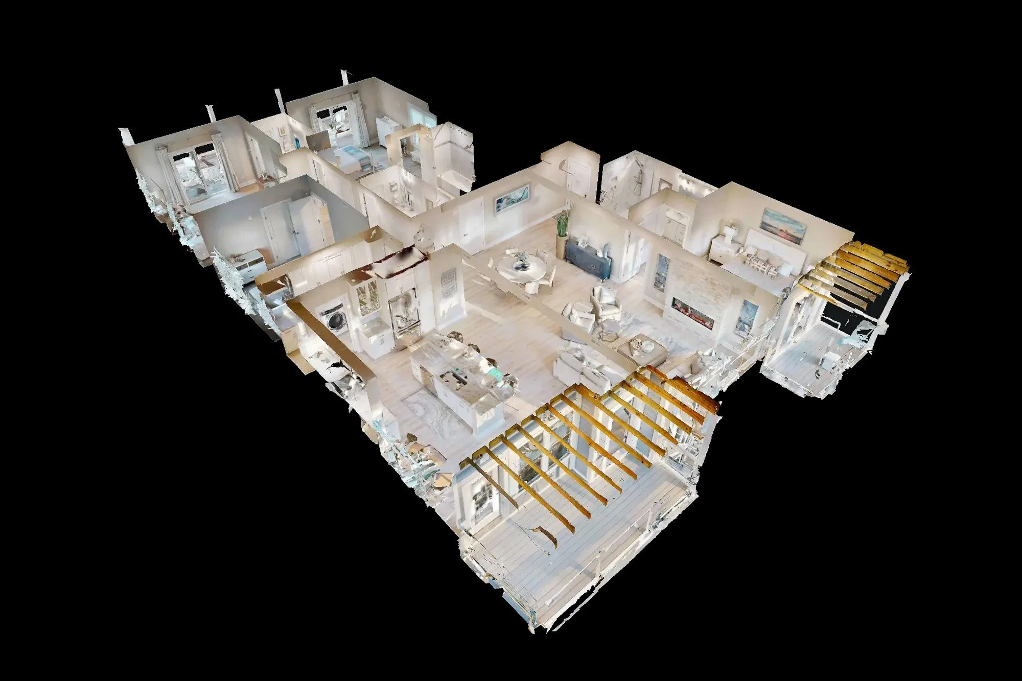 3D floor plan of a modern house showing living room, kitchen, dining area, bedrooms, and bathrooms with visible furniture and interior details.