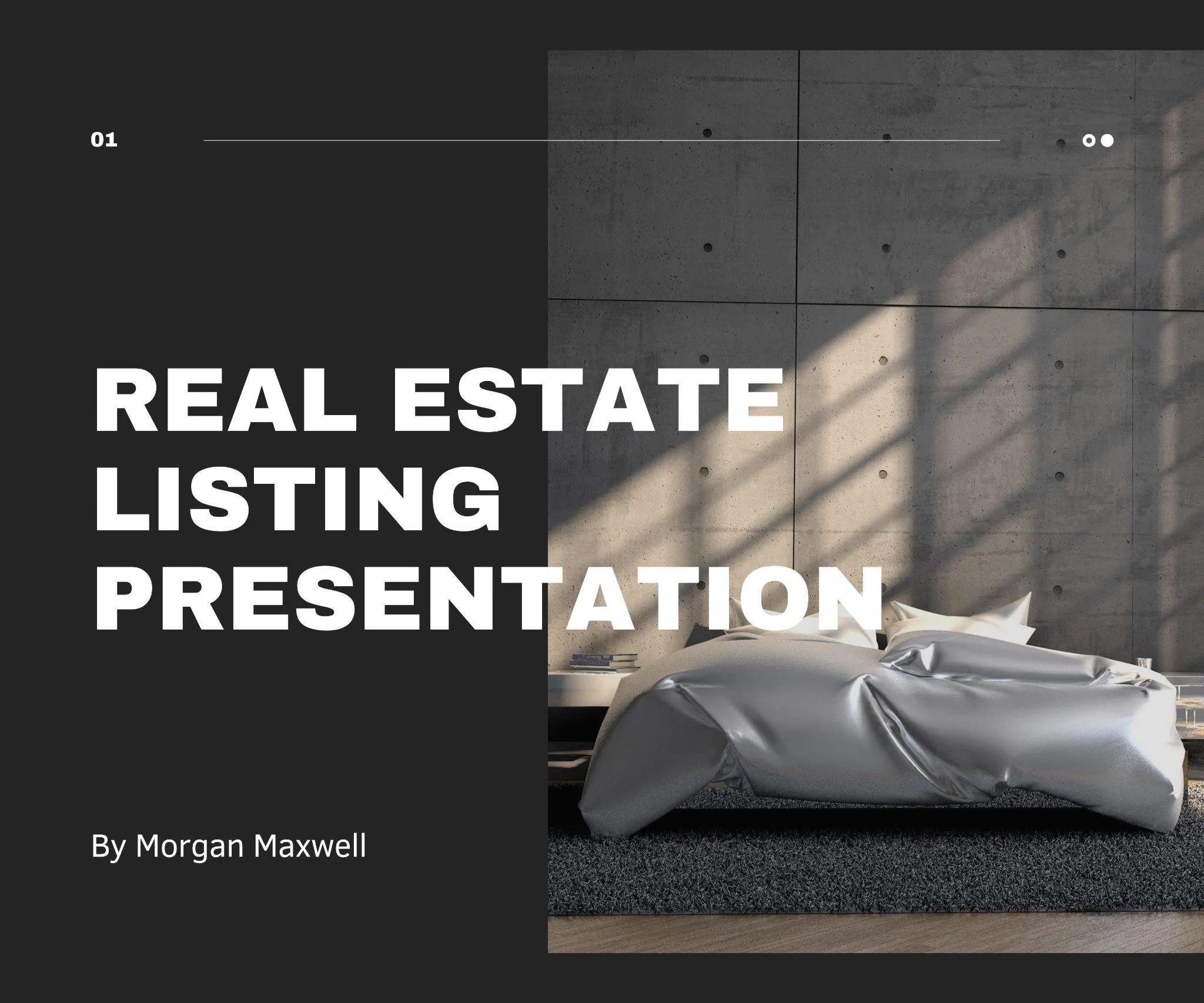 Cover slide for a real estate listing presentation showing a modern bedroom with a concrete wall, a bed with a metallic duvet, and sunlight creating shadows.