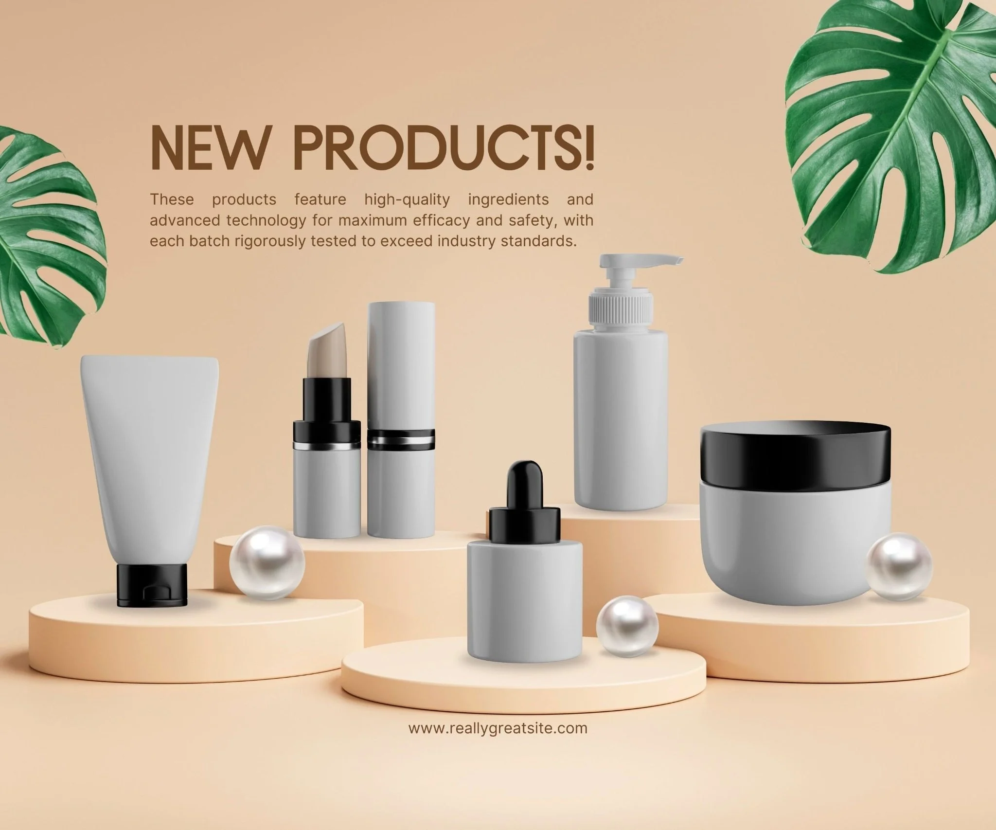 An advertisement for new skincare products featuring bottles and containers on beige pedestals, with tropical leaves and pearl accents.