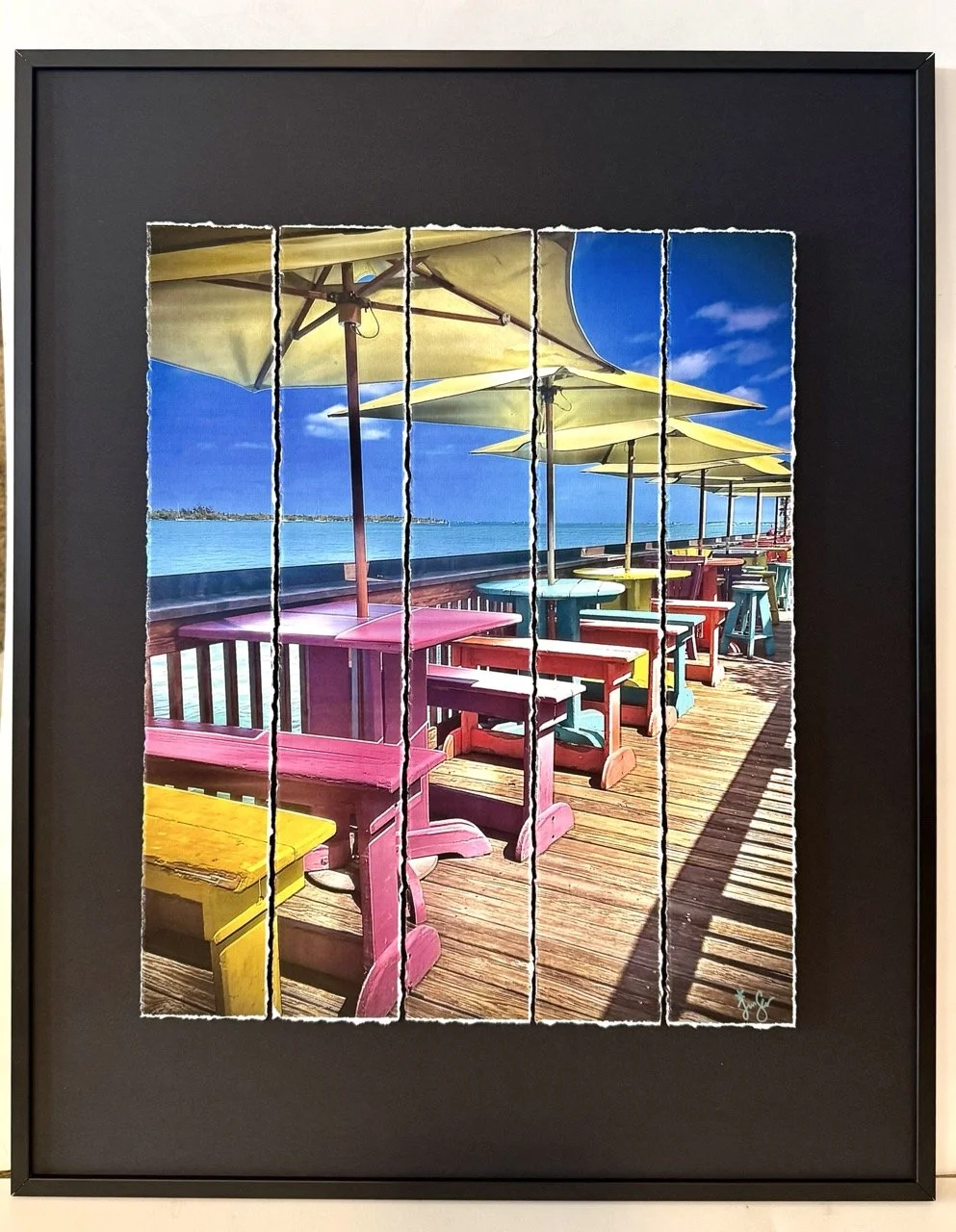 SUNSET PIER, KEY WEST, FL--ARCHIVAL INK, MOAB PAPER, HAND-TORN, BLACK METAL FRAME-16X20
