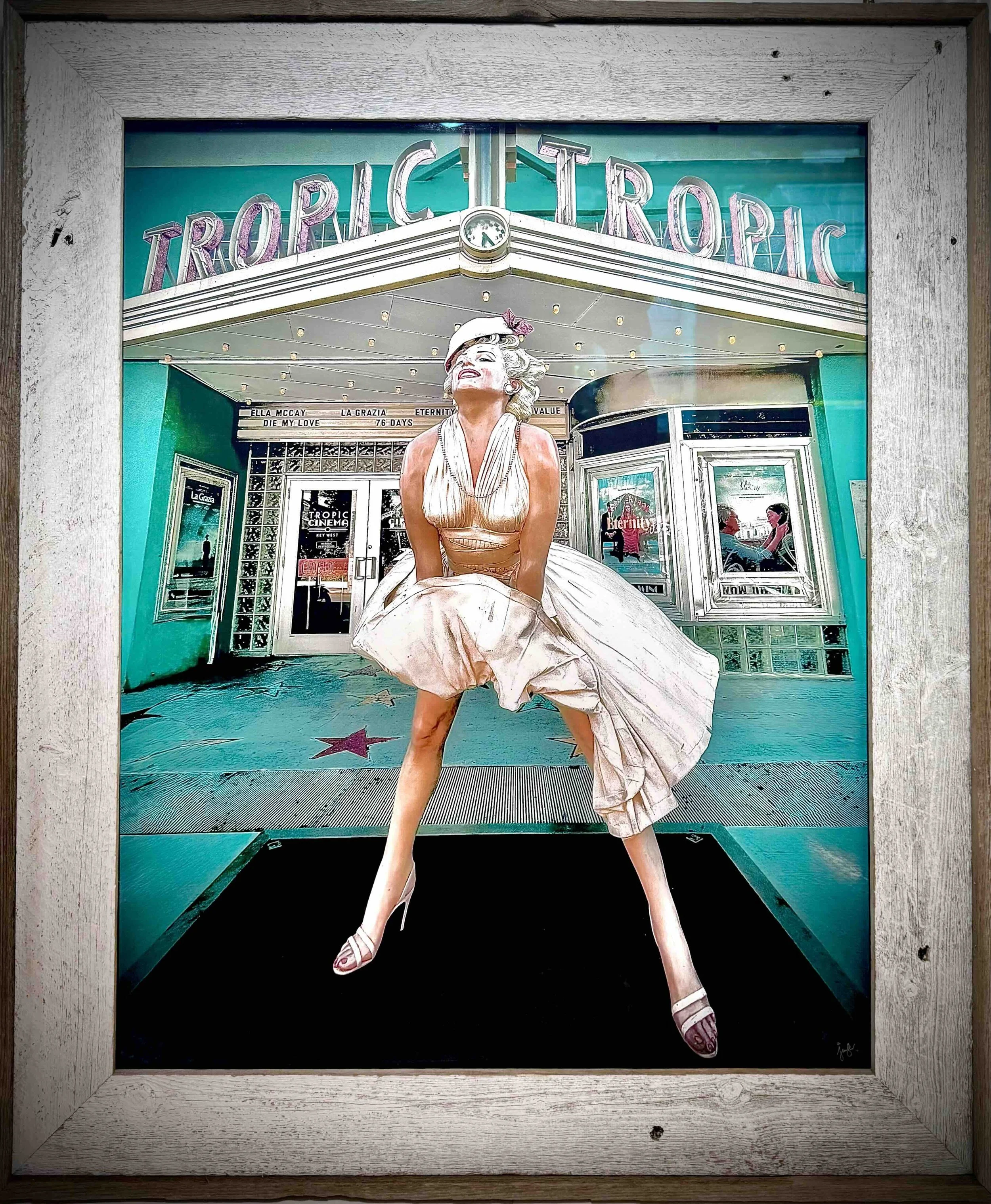 MARILYN AT THE TROPIC, HAND-COLORED WITH GLITTER GEL INK, ARCHIVAL INK, MOAB PAPER,  SOLID WOOD FRAME,  30.5x36.5