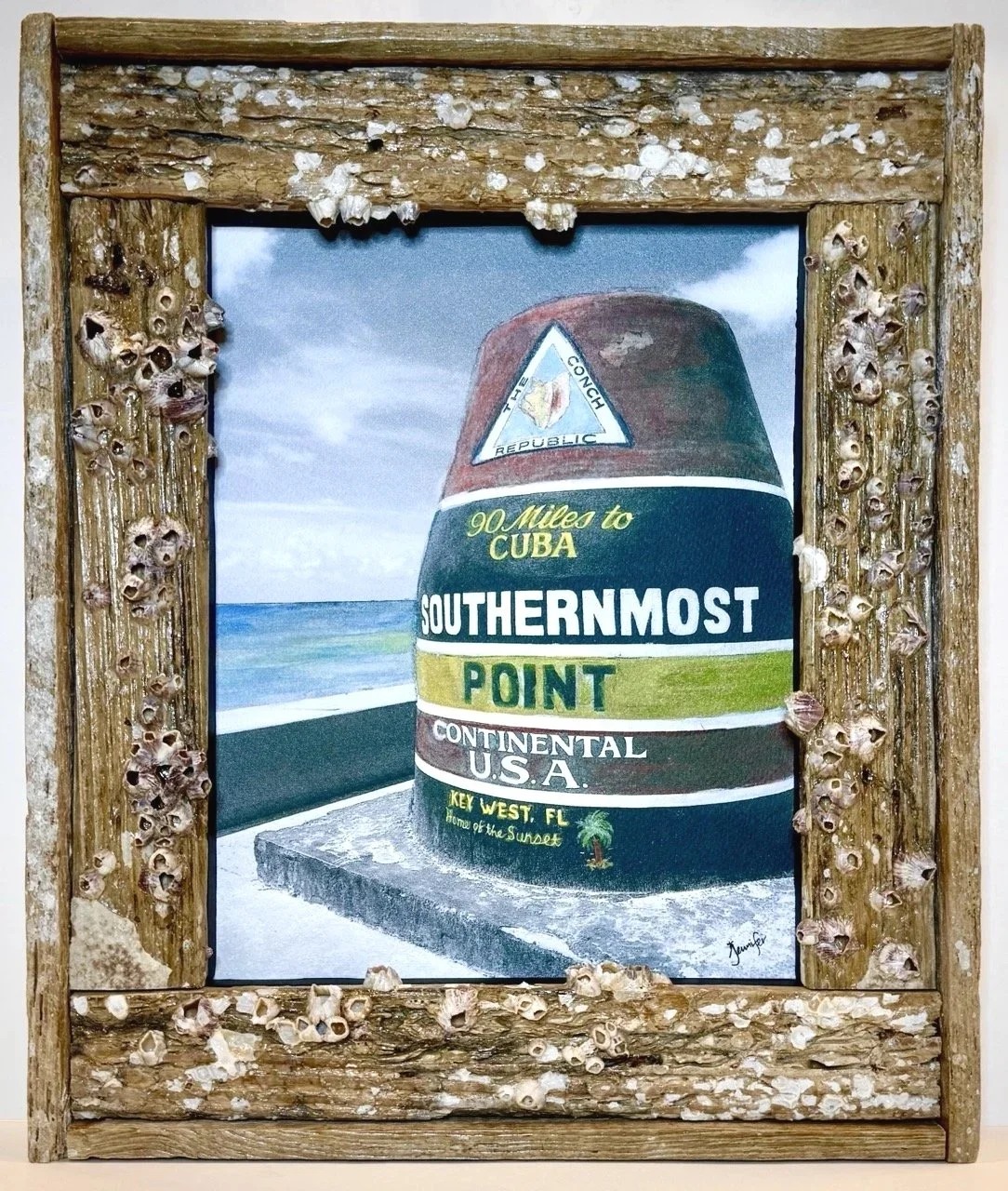 SOUTHERNMOST POINT, FL--HAND-COLORED, WATERCOLOR, WATERCOLOR PAPER, LOBSTER TRAP FRAME WITH BARNACLES-10.5X12.5