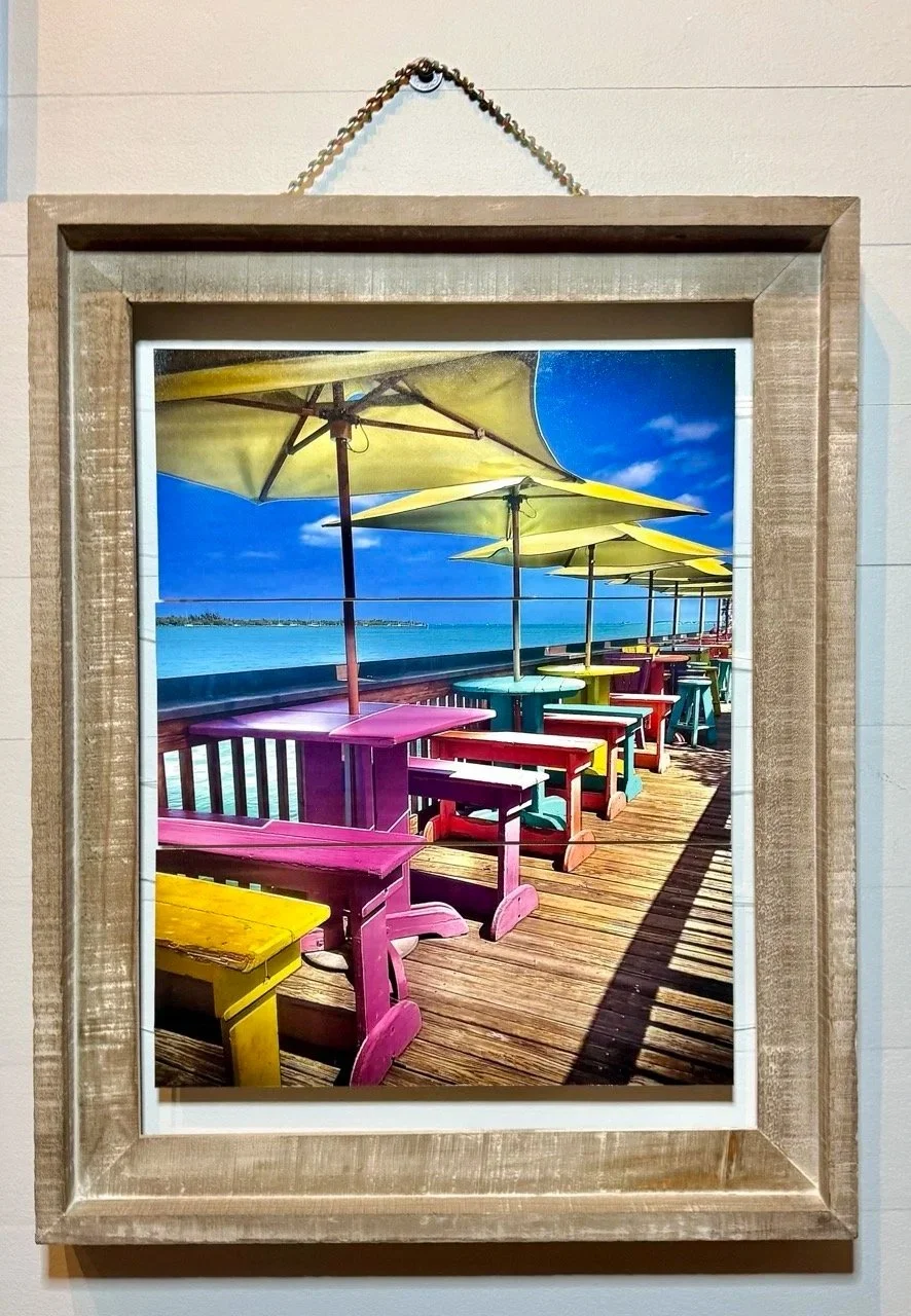 SUNSET PIER, KEY WEST, FL--ARCHIVAL INK, MOAB PAPER, FREE-FLOATING IN 3 PIECES, WOOD FRAME,ELECTRICAL WIRE HANGER-15X22(with hanger)