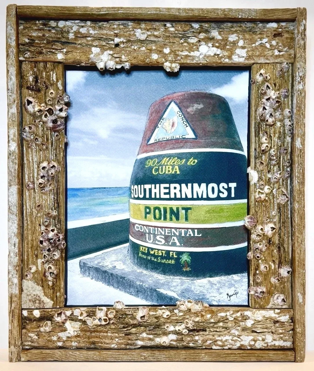 SOLD-----SOUTHERNMOST POINT, FL--HAND-COLORED, WATERCOLOR, WATERCOLOR PAPER, LOBSTER TRAP FRAME WITH BARNACLES-10.5X12.5