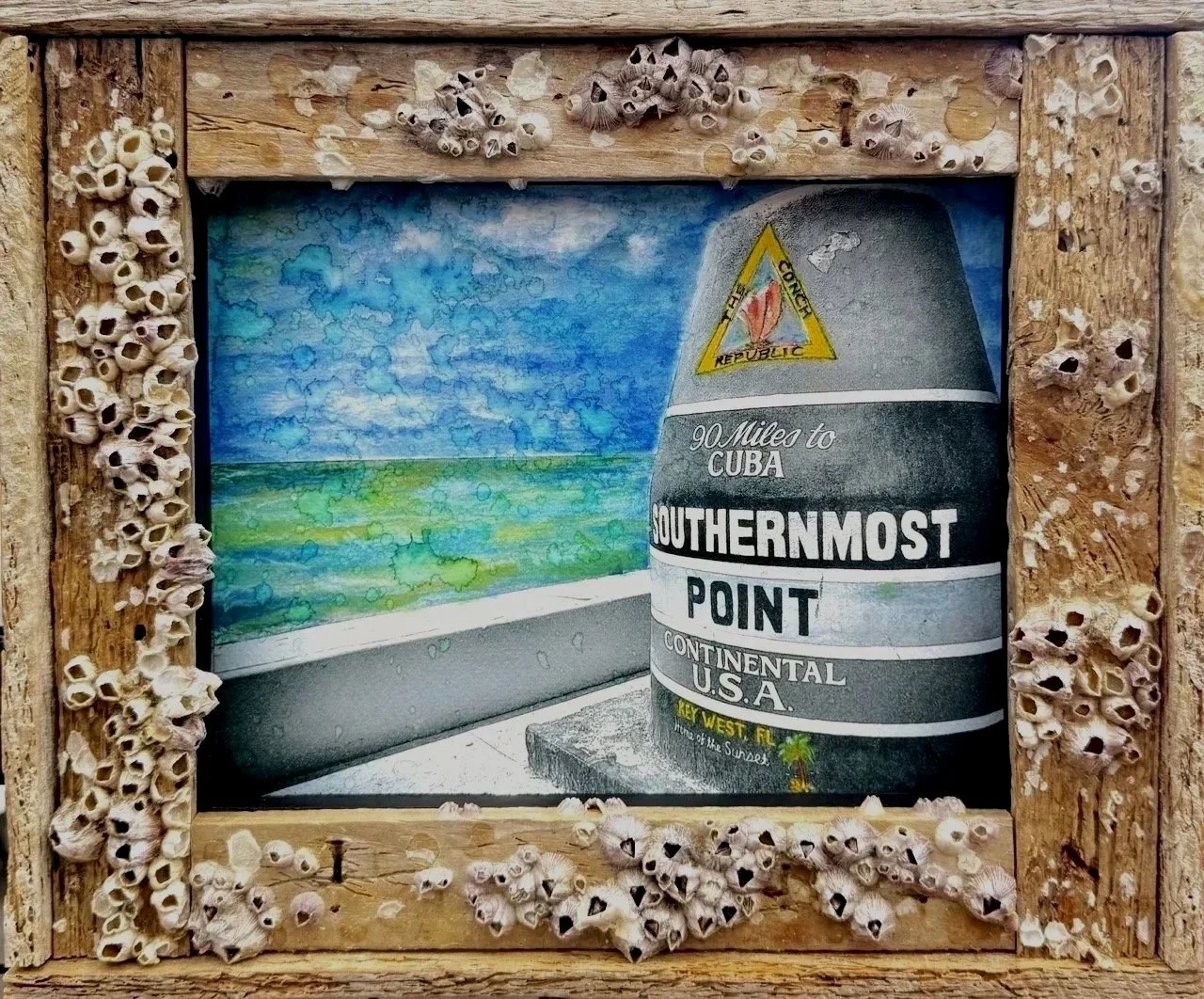 SOLD------SOUTHERNMOST POINT, BLUE SKY, HAND-COLORED, LOBSTER TRAP FRAME, 10.5x12.5