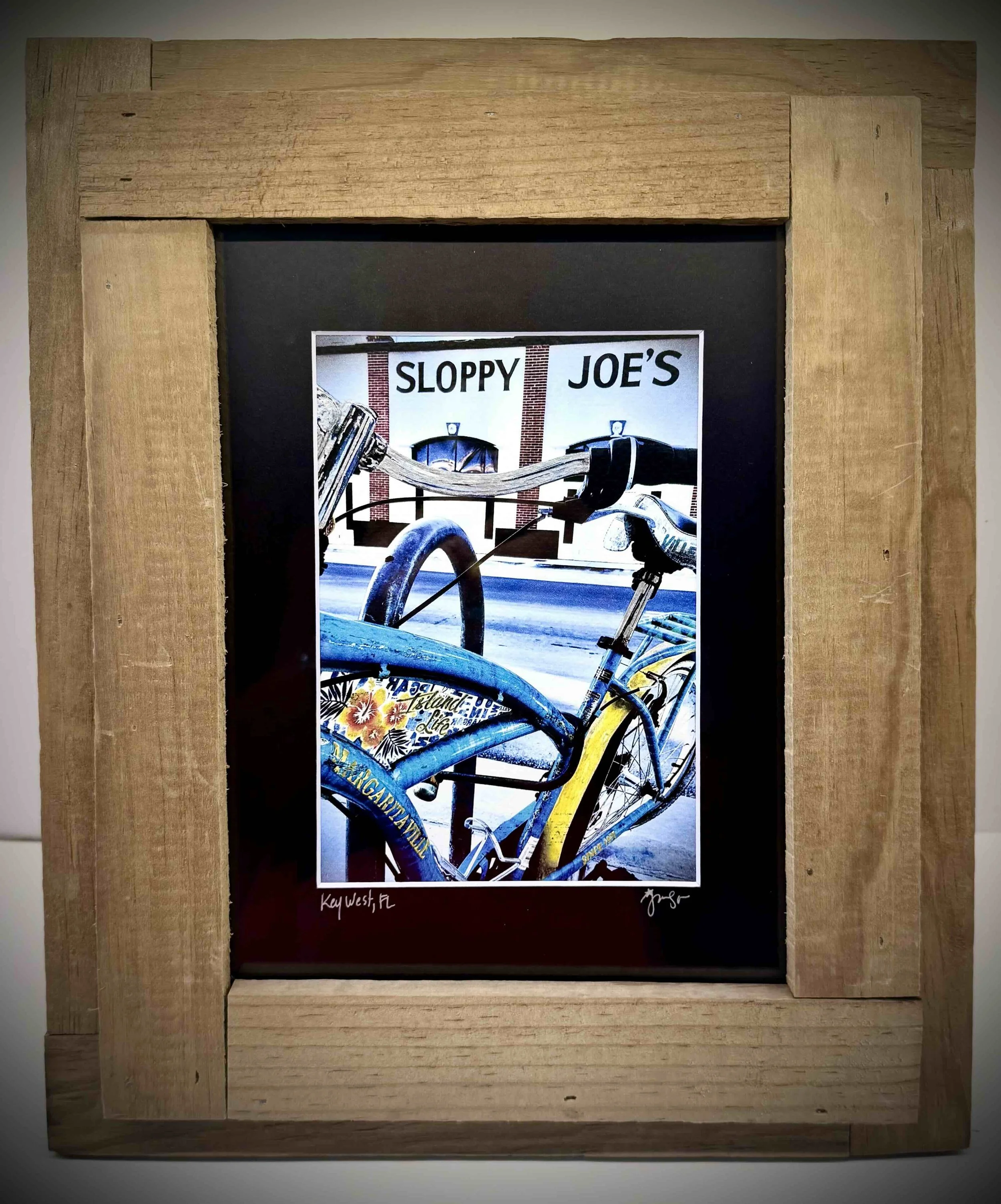 SLOPPY JOE’S, HAND-COLORED WITH GLITTER, WATERCOLOR PAPER, WOOD FRAME,  11x13