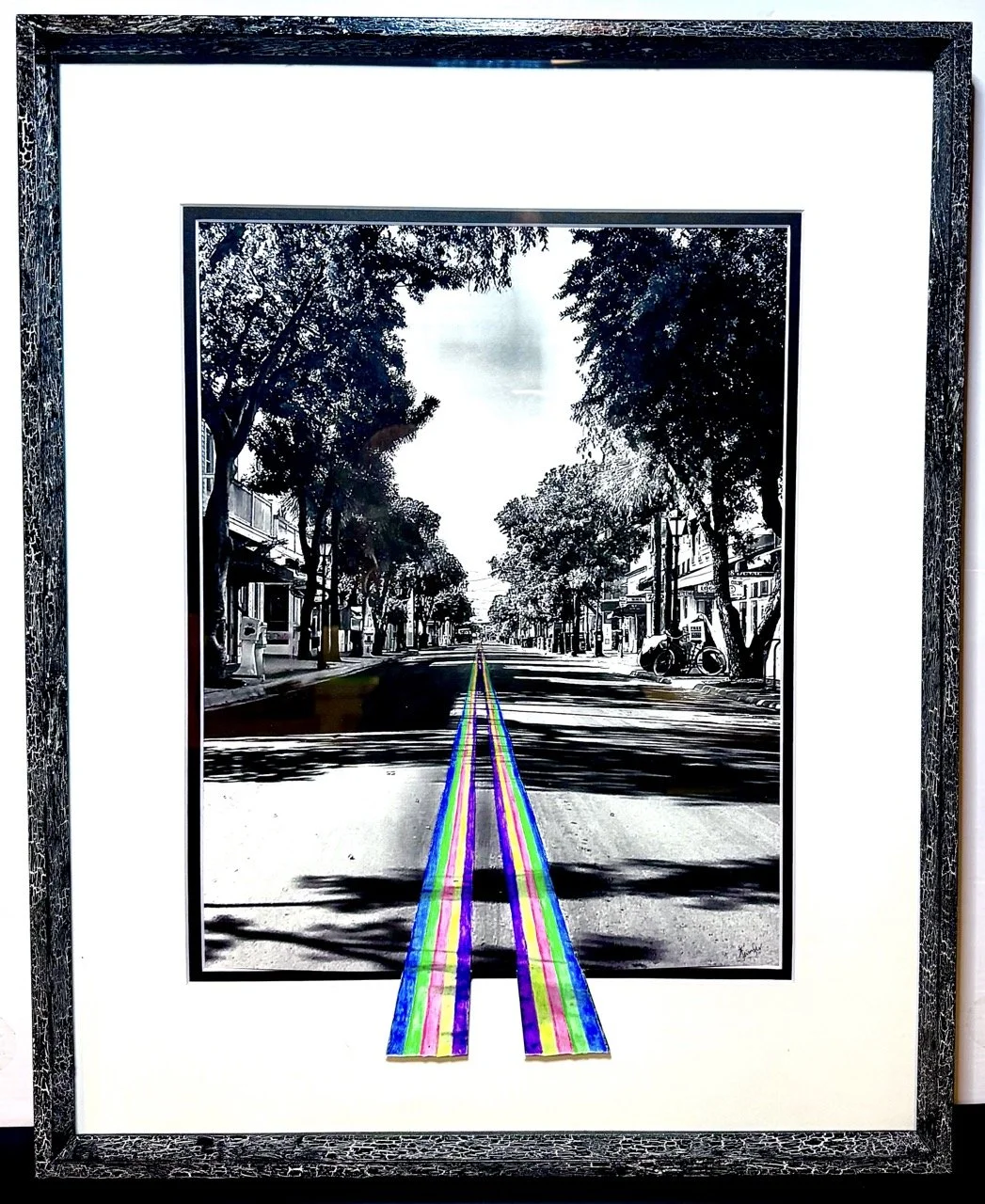 FLUORESCENT DUVAL STREET--HAND-COLORED, GLITTER GEL INK, B&W ARCHIVAL INK, MOAB PAPER, BLACK CRACKLE METAL FRAME-16X20