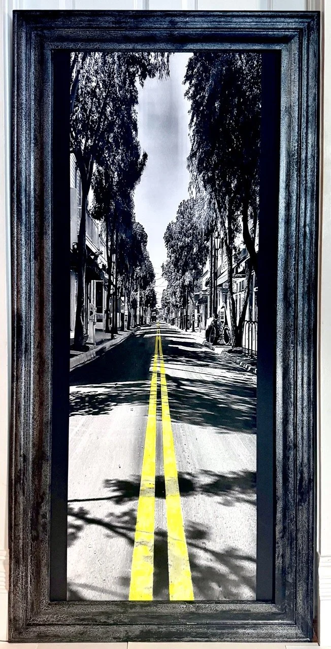 SOLD------DUVAL STREET, HAND-COLORED WATERCOLOR, B&W, ARCHIVAL INK, MOAB PAPER, HAND-PAINTED FRAME,  32x65