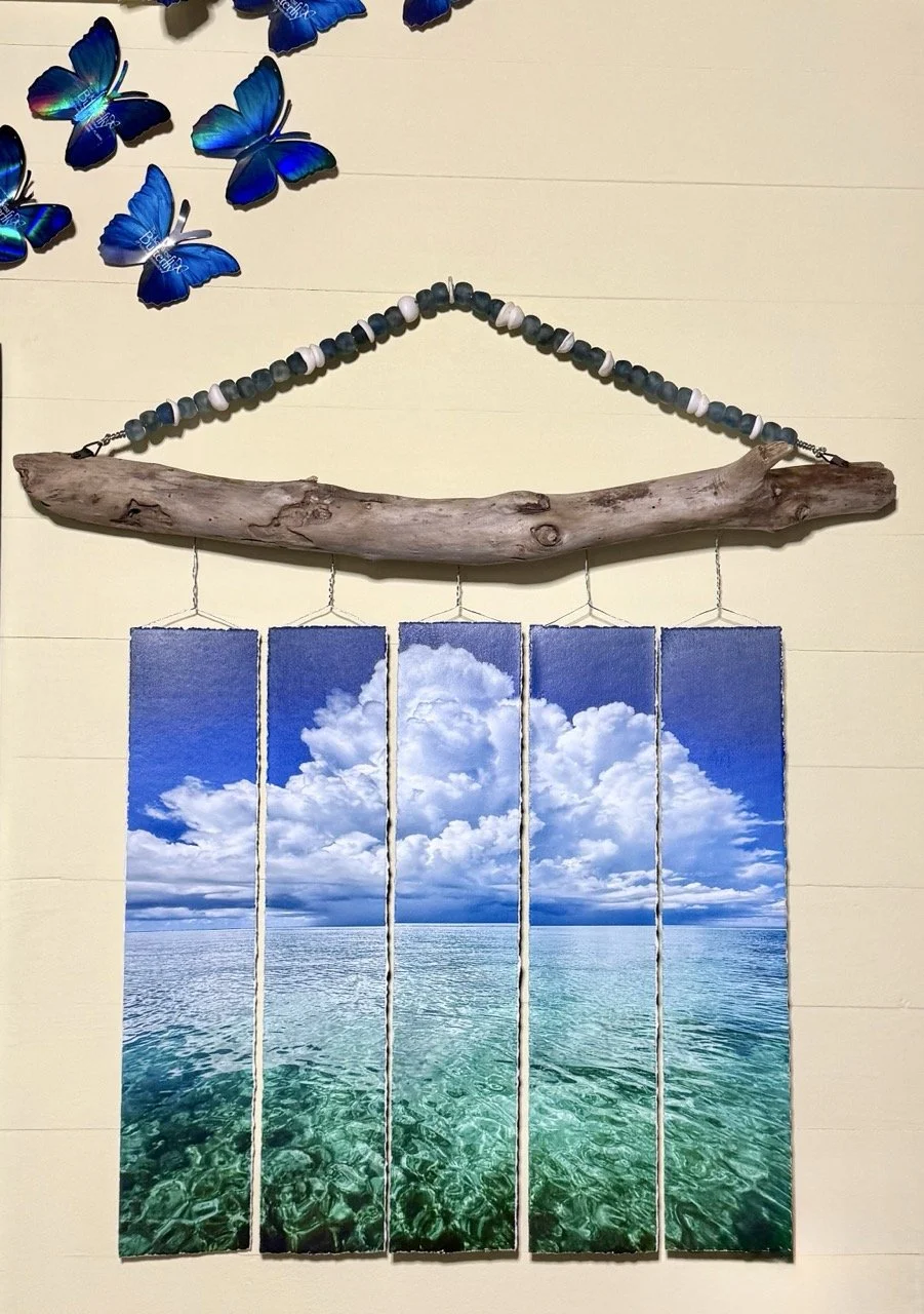 FLORIDA KEYS (SOMEWHERE ON BOAT)--ARCHIVAL INK, MOAB PAPER, DRIFTWOOD, AFRICAN GLASS BEADS, SHELLS-34X36