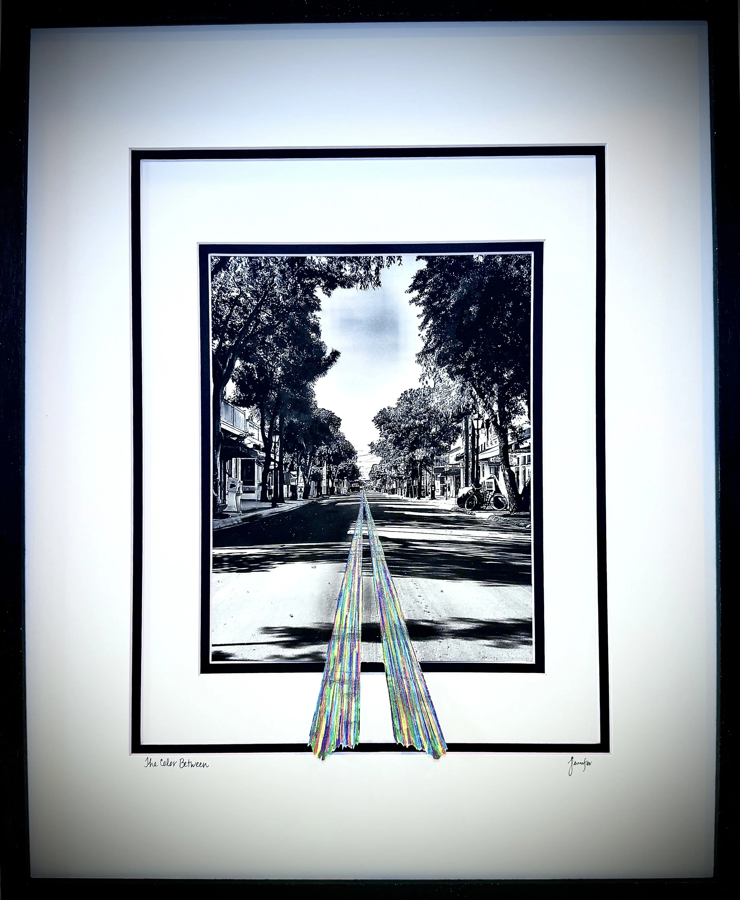 THE LINE BETWEEN, DUVAL STREET--HAND-COLORED, GLITTER GEL INK, B&W ARCHIVAL INK, MOAB PAPER, BLACK GLITTER WOOD FRAME-16X20