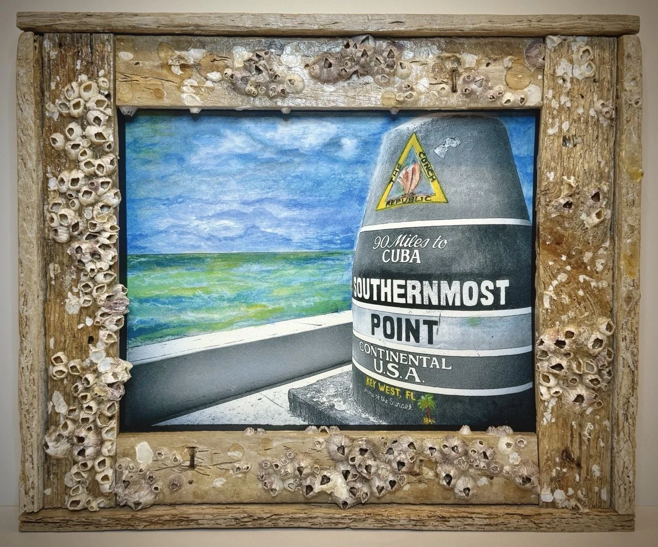 SOUTHERNMOST POINT, FL--HAND-COLORED, WATERCOLOR, WATERCOLOR PAPER, LOBSTER TRAP FRAME WITH BARNACLES-10.5X12.5