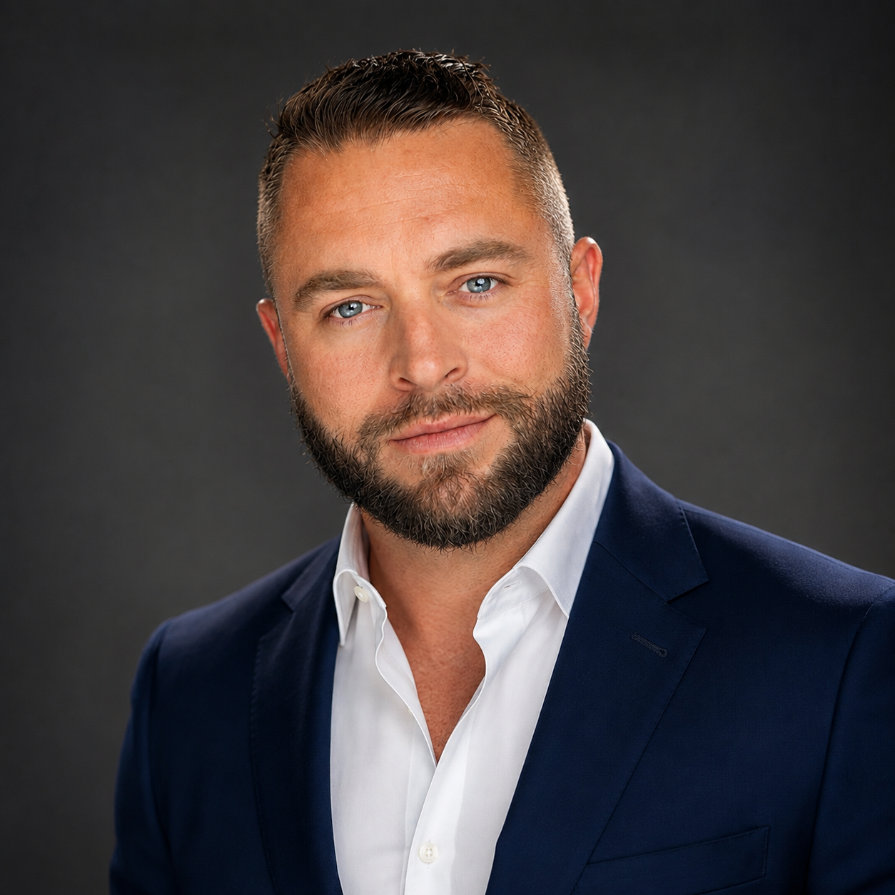 Close-up portrait of a man with blue eyes, brown hair, and a beard, wearing a navy blazer and white shirt against a dark background.